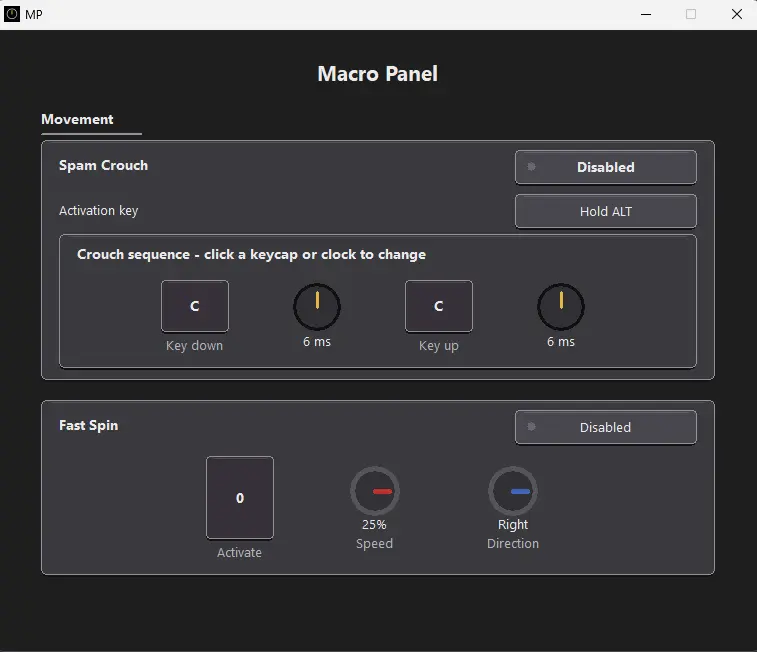 Preview of the upcoming R6 No Recoil Macro Panel with Spam Crouch and Fast Spin controls